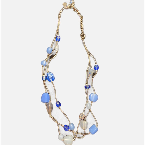 VJ Victoria Jousan Blue Beaded Necklace Long Silvertone Multistrand Glass Beads - Picture 1 of 9